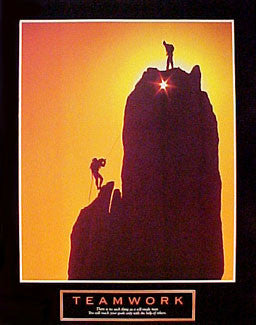 Rock Climbing Sunset "Teamwork" Motivational Poster - Front Line