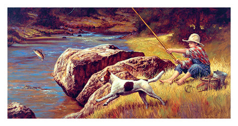 Kids Fishing "First Catch" by Jim Daly Premium Poster Print - McGaw Graphics