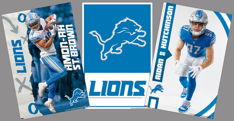 COMBO: Detroit Lions Football NFL Action 3-Poster Combo Set (St. Brown, Hutchinson, Logo) - Costacos Sports