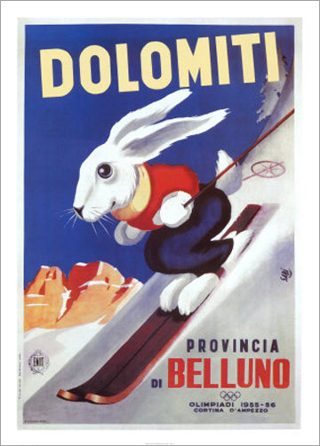 Dolomiti Ski Bunny (Italy 1955) Vintage Skiing Poster Reprint - Editions Clouets