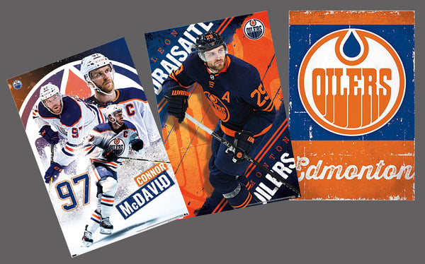 COMBO: Edmonton Oilers 3-Poster Combo Set (McDavid, Draisaitl, Retro Logo Posters) - Costacos Sports