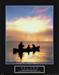 Fishing at Sunset "Values" (Father, Son and Dog) Inspirational Motivational Poster - Front Line