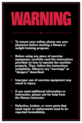 Fitness Center Safety "Warning" Professional Workout Wall Chart Poster - Fitnus Inc.
