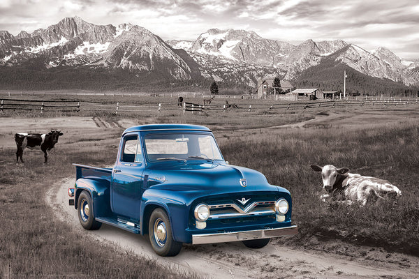 Ford F-100 Pickup Truck (1954 Model) on a Mountain Ranch Farm Classic Automotive Poster - Eurographics Inc.