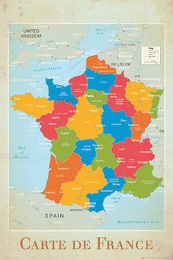 Map of France Wall Chart Poster (Regions, Capitals, Cities, Rivers, etc.) - GB Eye