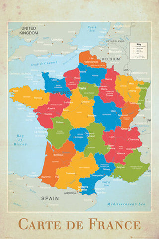 Map of France Wall Chart Poster (Regions, Capitals, Cities, Rivers, etc.) - GB Eye