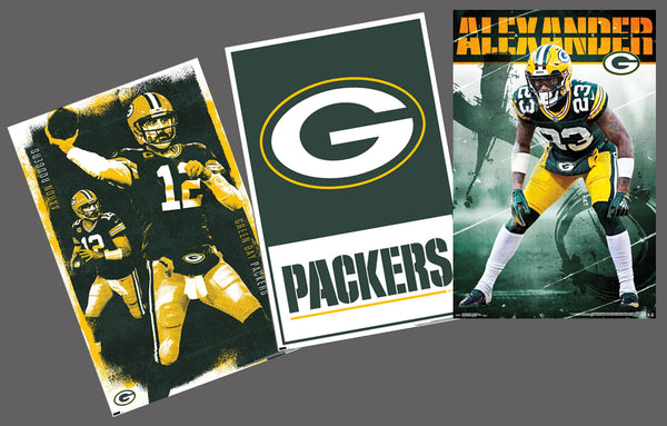 COMBO: Green Bay Packers 3-Poster ACTION Combo (Aaron Rodgers, Alexander, Logo/Wordmark Posters)