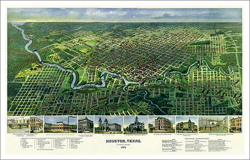 Houston, Texas 1891 Classic Aerial Panorama Premium Poster Reproduction