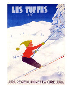 Skiing "Les Tuffes" c.1950 Vintage Jura, France Ski Poster Reprint- Editions Clouets