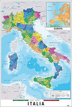 Map of Italy Italia Wall Chart Poster (Regions, Capitals, Cities, Roads, Rivers, etc.) - Grupo Erik