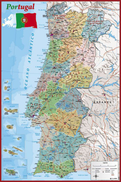 Map of Portugal Wall Chart Poster (Regions, Capitals, Cities, Roads, Rivers, etc.) - Grupo Erik