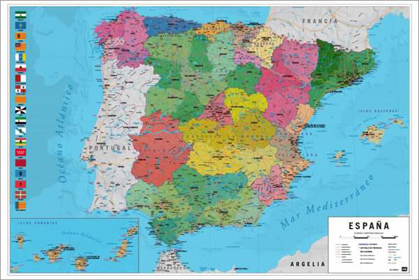 Map of Spain Wall Chart Poster (Regions, Capitals, Cities, Roads, Rive ...