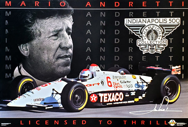 Mario Andretti "Licensed to Thrill" Indy 500 Champion Series Racing Superstar Poster - Costacos Brothers 1994