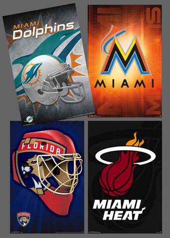 COMBO: Miami, Florida Pro Sports Teams 4-Poster Combo (Dolphins, Heat, Panthers, Marlins)