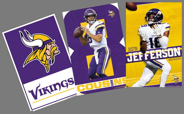 COMBO: Minnesota Vikings Football NFL 3-Poster Combo Set (Cousins, Jefferson, Logo Posters)
