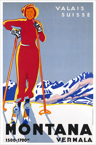 Montana-Vermala, Valais, Switzerland Swiss Alps Vintage Skiing Poster Reproduction (c.1930s)
