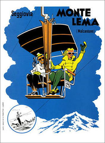 Monte Lema (Malcantone) "Chair Lift Fun" c.1950 Switzerland Skiing Vintage Poster Reprint