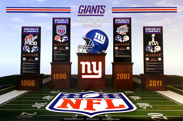 New York Giants "Four Podiums" Super Bowl Championship History Poster - Action Images Inc.