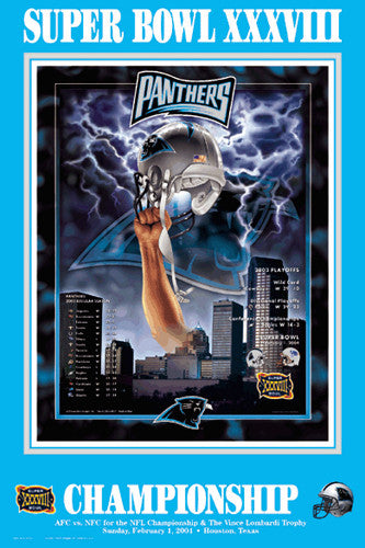 Super Bowl XXXVIII (Houston 2004) Panthers vs. Patriots Official Theme Art  Event Poster - Action Images