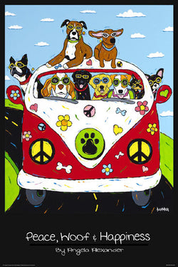 Peace, Woof and Happiness (Dogs Cruising in VW Bus) Poster by Angela C. Alexander