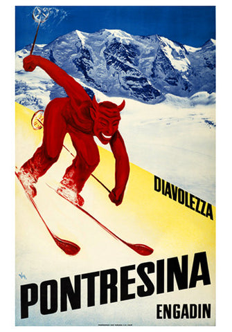 Skiing in Diavolezza, Pontresina, Switzerland "She-Devil Downhill" c.1950 Vintage Poster Reprint