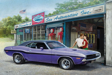 Purple Dodge Challenger at Garage "American Dream" Poster by Greg Giordano - Eurographics Inc.