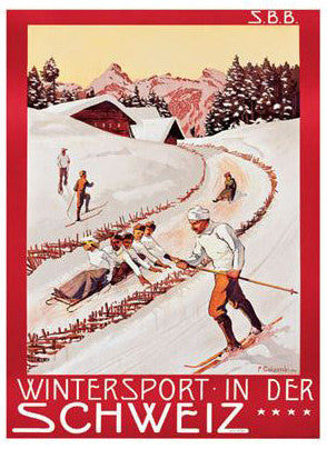 Vintage Skiing "Wintersport in der Schweiz" (P. Colombi, 1904) Poster Reprint - A.A.C. Inc.