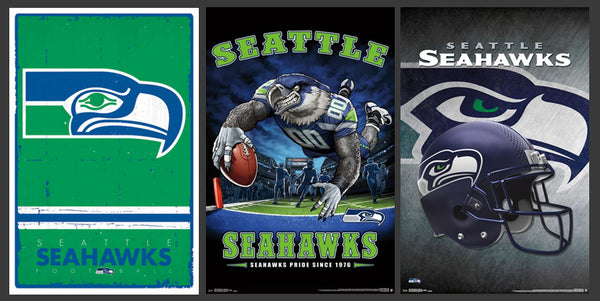 COMBO: Seattle Seahawks Football STYLE 3-Poster Combo Set (Retro, Art, Helmet-Logo Posters)