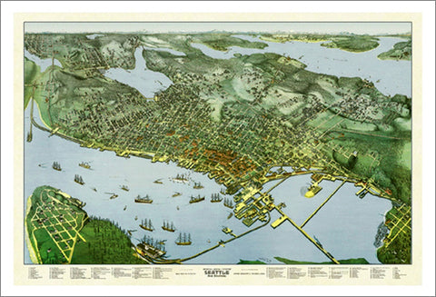 Seattle, Washington 1891 Classic Aerial Map Premium Poster Print (Augustus Koch)