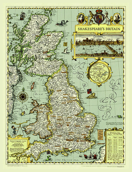 Illustrated Map of Shakespeare's Britain National Geographic 21x27 Wall Map Poster - NG Maps