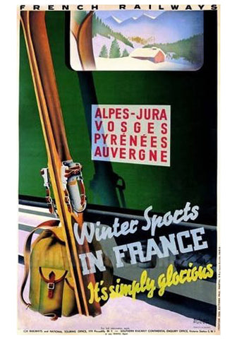 Skiing "Winter Sports in France" French Alps Travel Poster c.1936 by R. Hugon Large Reproduction Print