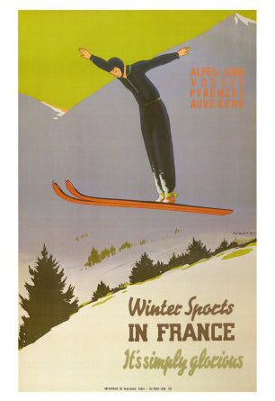 Skiing "Soaring Jumper" French Alps Travel Poster by Jean-Raoul Naurac Large Reproduction Print