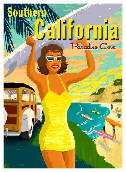 Surfing Paradise Cove Malibu California Beach Life Vintage-Style Poster by Michael Crampton - Eurographics Inc.