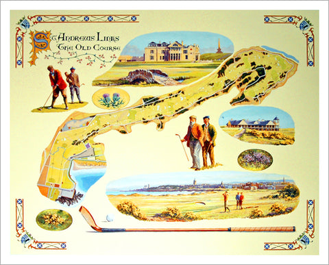 St. Andrews Links "The Old Course" Classic-Style Course Map and Highlights Poster Print - Bentley House 2003