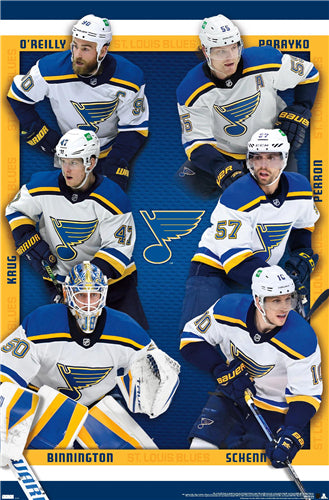 St. Louis Blues "Six Stars" NHL Hockey Poster (O'Reilly, Parayko, Krug, Peron, Binnington, Schenn) - Costacos 2021