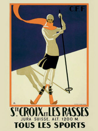 Skiing "Ste. Croix et les Rasses" c.1922 Vintage Jura, Switzerland Ski Poster Reprint- Hope Street Editions