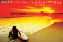 Surfer on Beach "Consider the Wonders" Job 37:14 Biblical Inspirational Poster - Eurographics