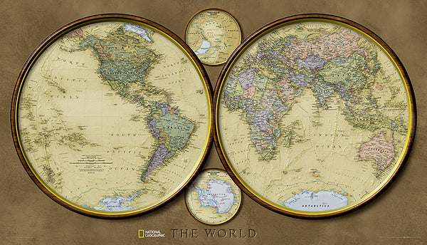 Map of the World "Hemispheres" Retro 1940s Style National Geographic 25x43 Wall Map Poster - NG Maps 2010