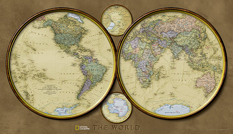 Map of the World "Hemispheres" Retro 1940s Style National Geographic 25x43 Wall Map Poster - NG Maps 2010