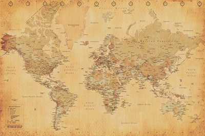 Gold-Toned Map Of The World (Mercator Projection) - Pyramid International (UK)