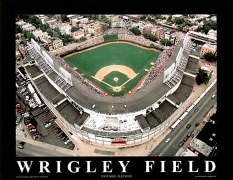 Aerial View Of Wrigley Field With Chicago, Illinois Skyline In